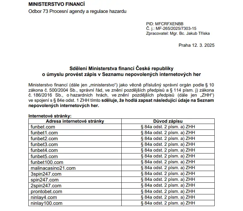 Záznam Ministerstva financí ČR s doménou funbet.com